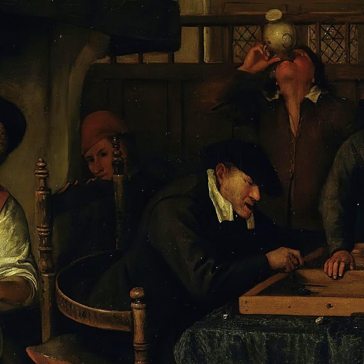 Interior Of An Inn With An Old Man Amusing Himself With The Landlady And Two Men Playing Backgammon Known As Two Kinds Of Game