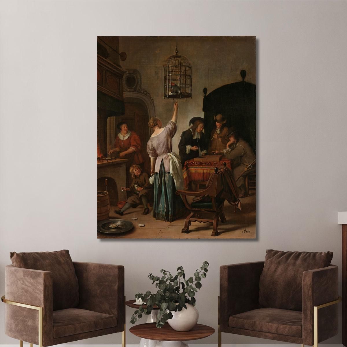 Interior With A Woman Feeding A Parrot Known As The Parrot Cage' Jan Steen jsn34 canvas print 