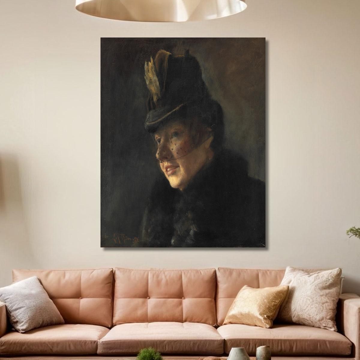 Portrait Of A Young Woman In A Coat With Fur Collar And Hat With Veil Laurits Andersen Ring lar27 canvas print 