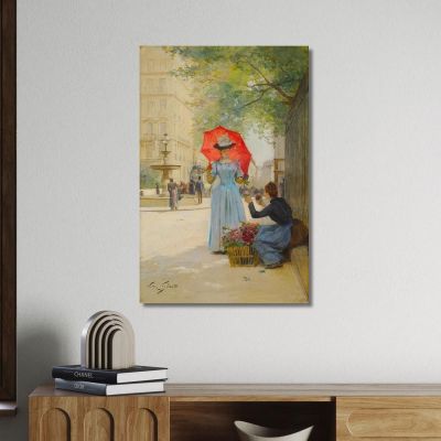Young Woman With A Parasol Buying Flowers Victor Gabriel Gilbert vgg13 canvas print 