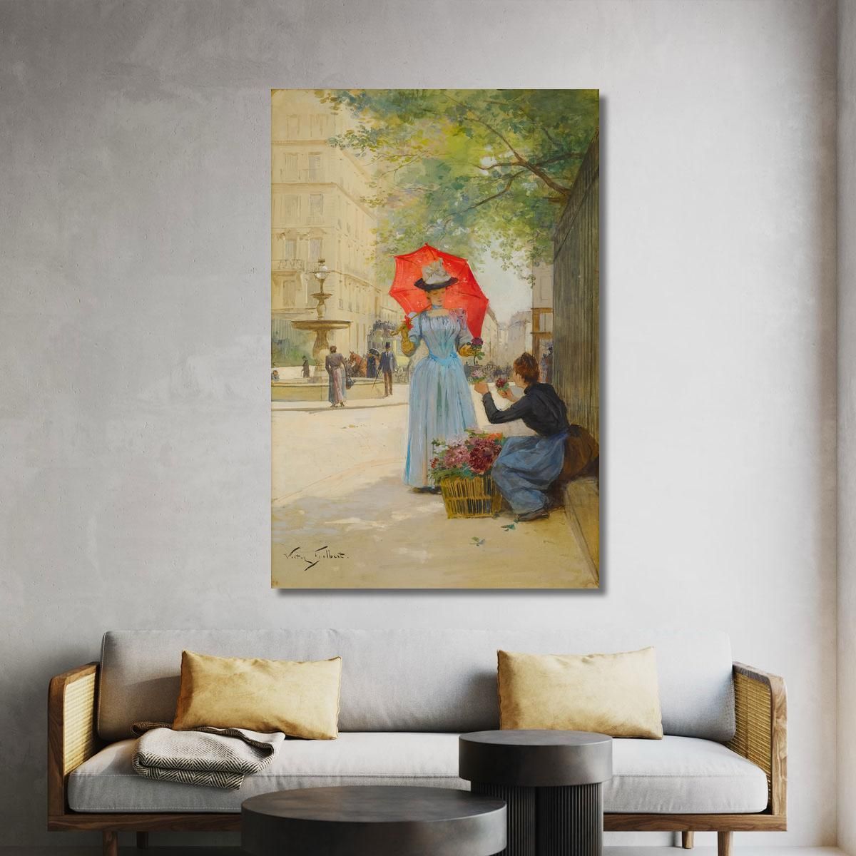Young Woman With A Parasol Buying Flowers Victor Gabriel Gilbert vgg13 canvas print 