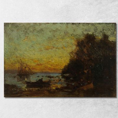 Boat And Sailboats Sunset. On The Reverse: Marine Félix Ziem fzm5 canvas print 