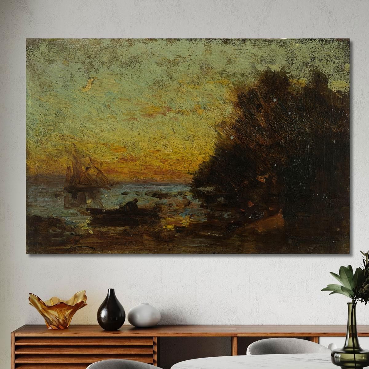 Boat And Sailboats Sunset. On The Reverse: Marine Félix Ziem fzm5 canvas print 