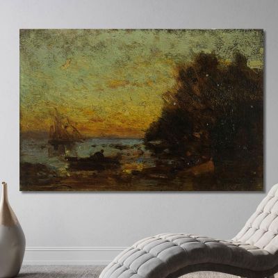 Boat And Sailboats Sunset. On The Reverse: Marine Félix Ziem fzm5 canvas print 