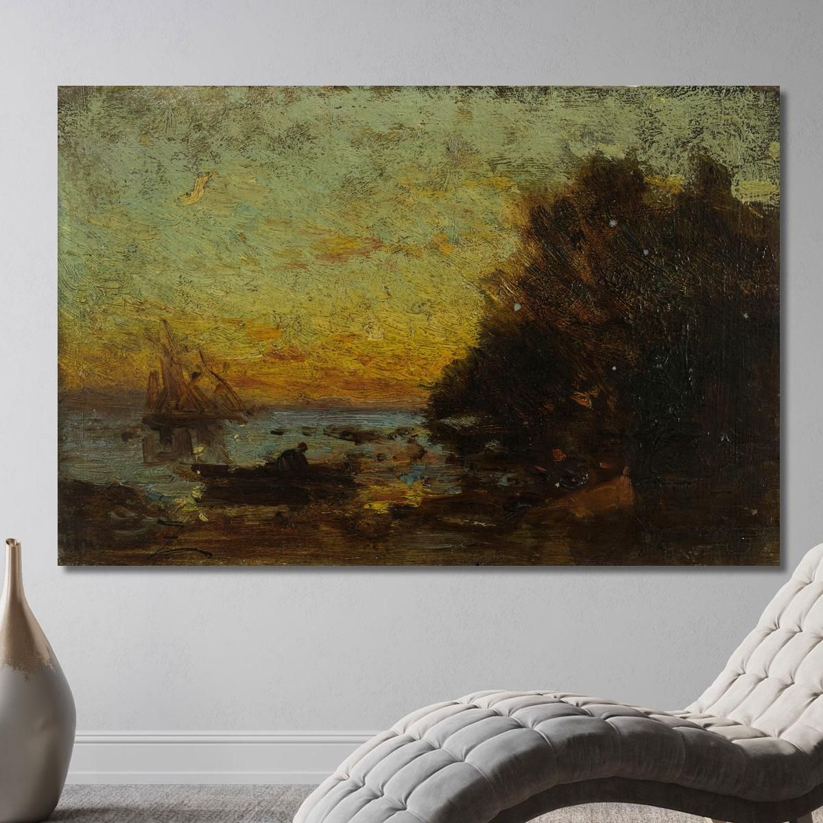 Boat And Sailboats Sunset. On The Reverse: Marine Félix Ziem fzm5 canvas print 
