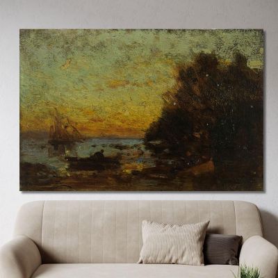 Boat And Sailboats Sunset. On The Reverse: Marine Félix Ziem fzm5 canvas print 