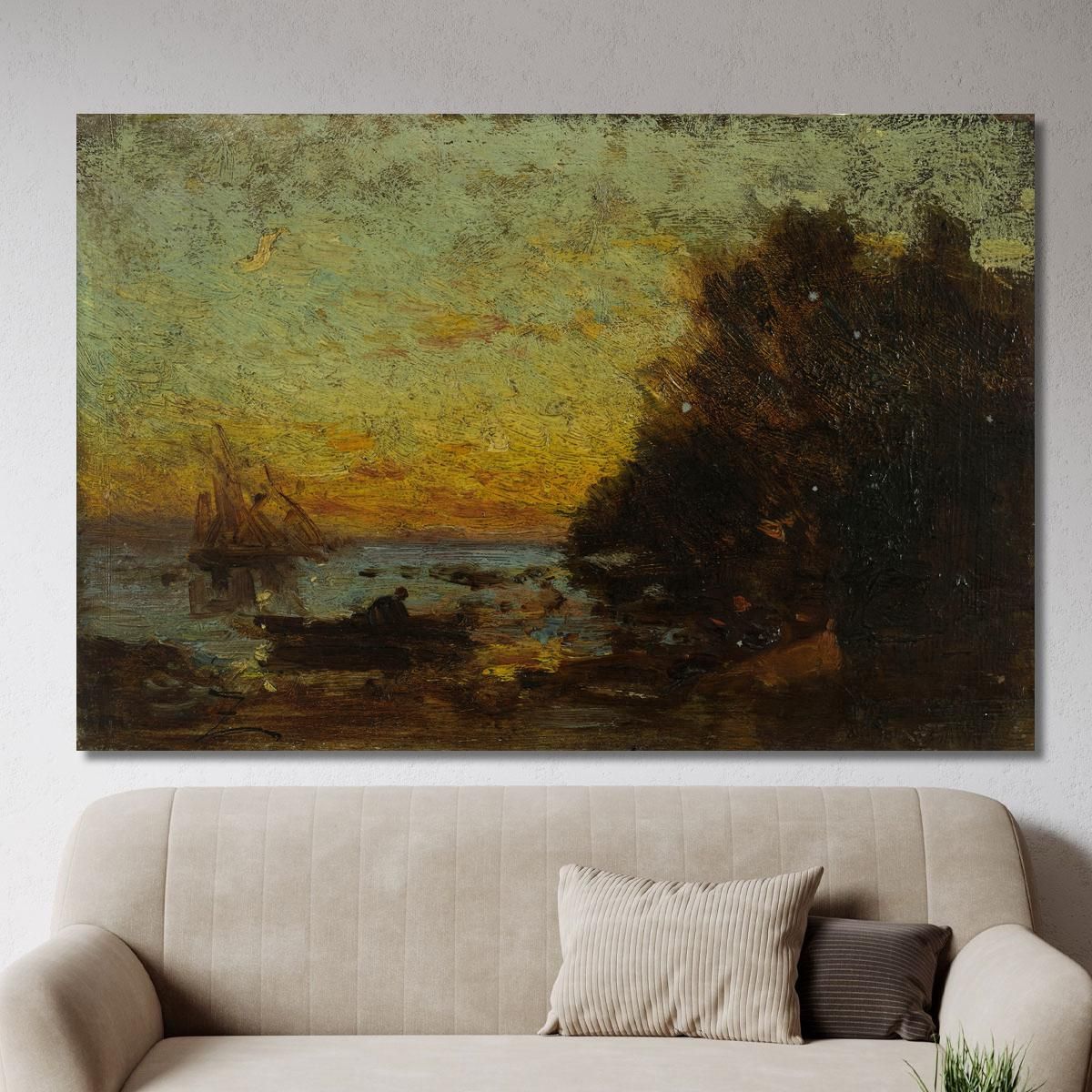 Boat And Sailboats Sunset. On The Reverse: Marine Félix Ziem fzm5 canvas print 