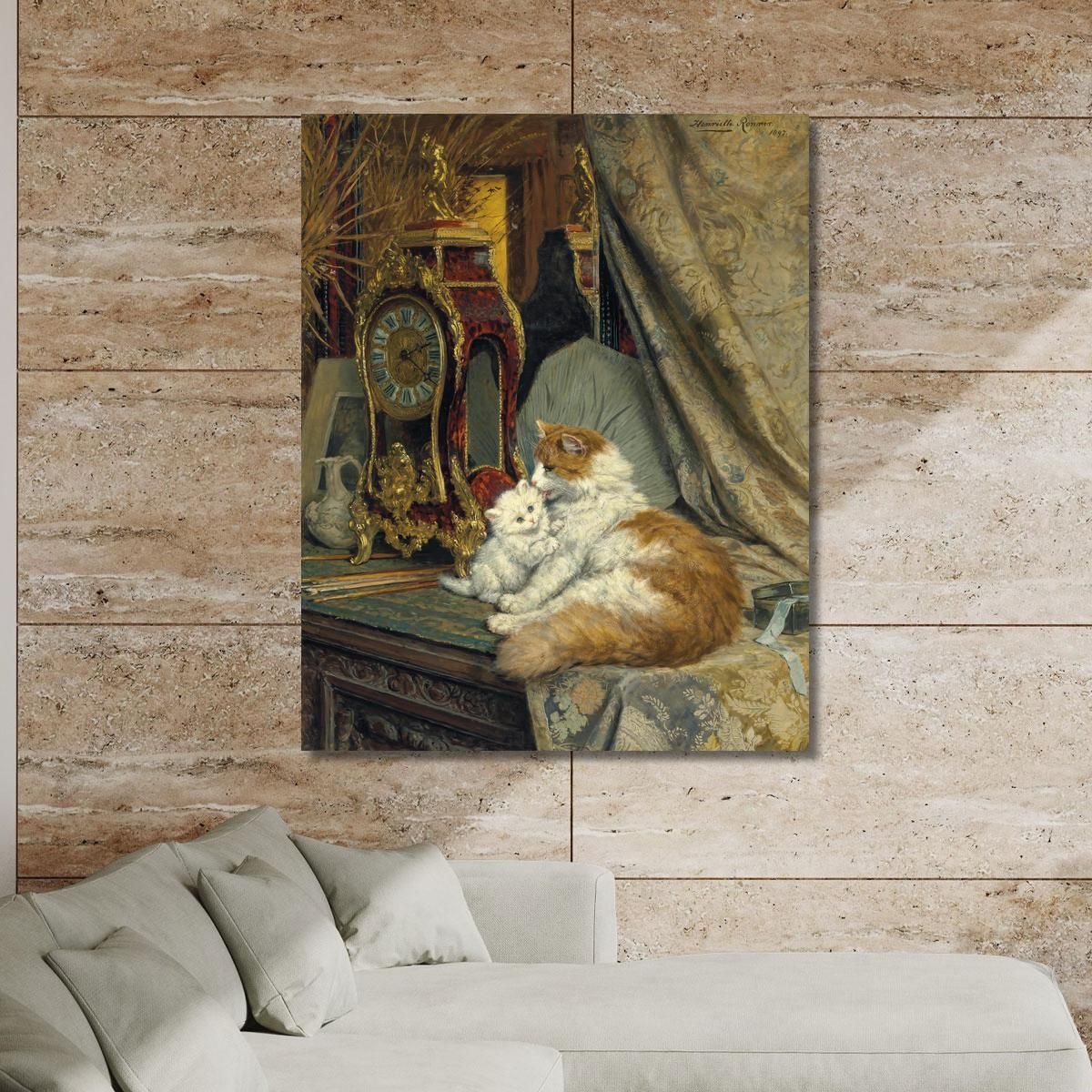 A Mother Cat And Her Kitten With A Bracket Clock Henriëtte Ronner-Knip hrk2 canvas print 