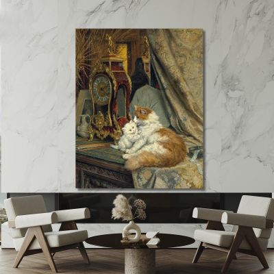 A Mother Cat And Her Kitten With A Bracket Clock Henriëtte Ronner-Knip hrk2 canvas print 