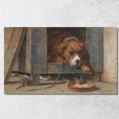 Kat Bespiedt Vogels Bij Een Slapende Hond Henriëtte Ronner-Knip hrk9 canvas print 