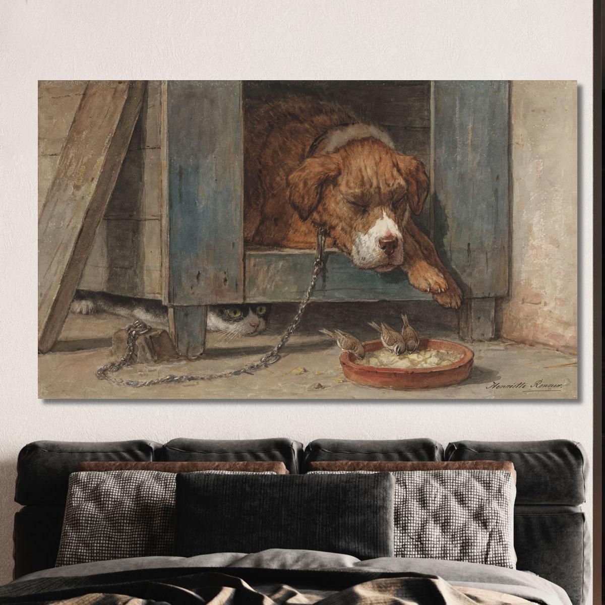 Kat Bespiedt Vogels Bij Een Slapende Hond Henriëtte Ronner-Knip hrk9 canvas print 