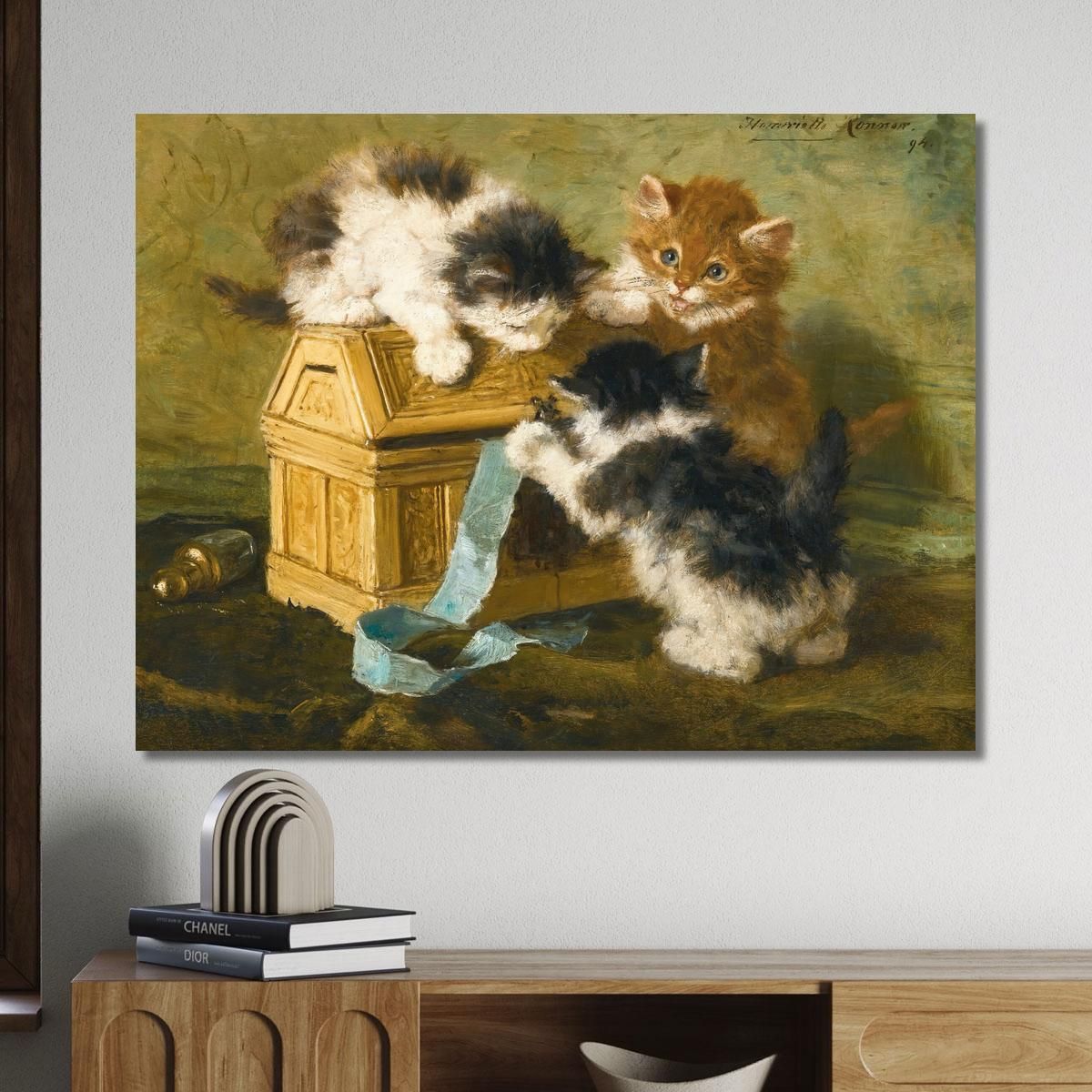 Three Kittens With A Casket And Blue Ribbon Henriëtte Ronner-Knip hrk26 canvas print 
