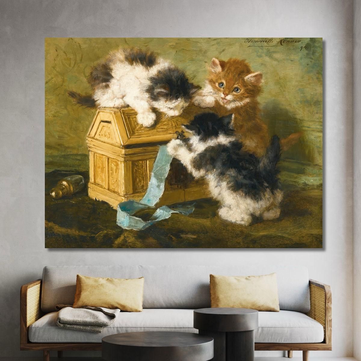 Three Kittens With A Casket And Blue Ribbon Henriëtte Ronner-Knip hrk26 canvas print 