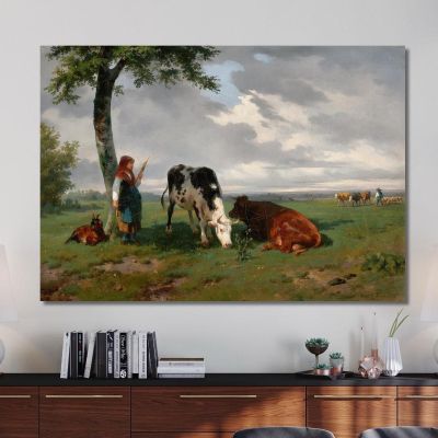 Shepherdess And Two Cows In A Meadow Rosa Bonheur rbn41 canvas print 