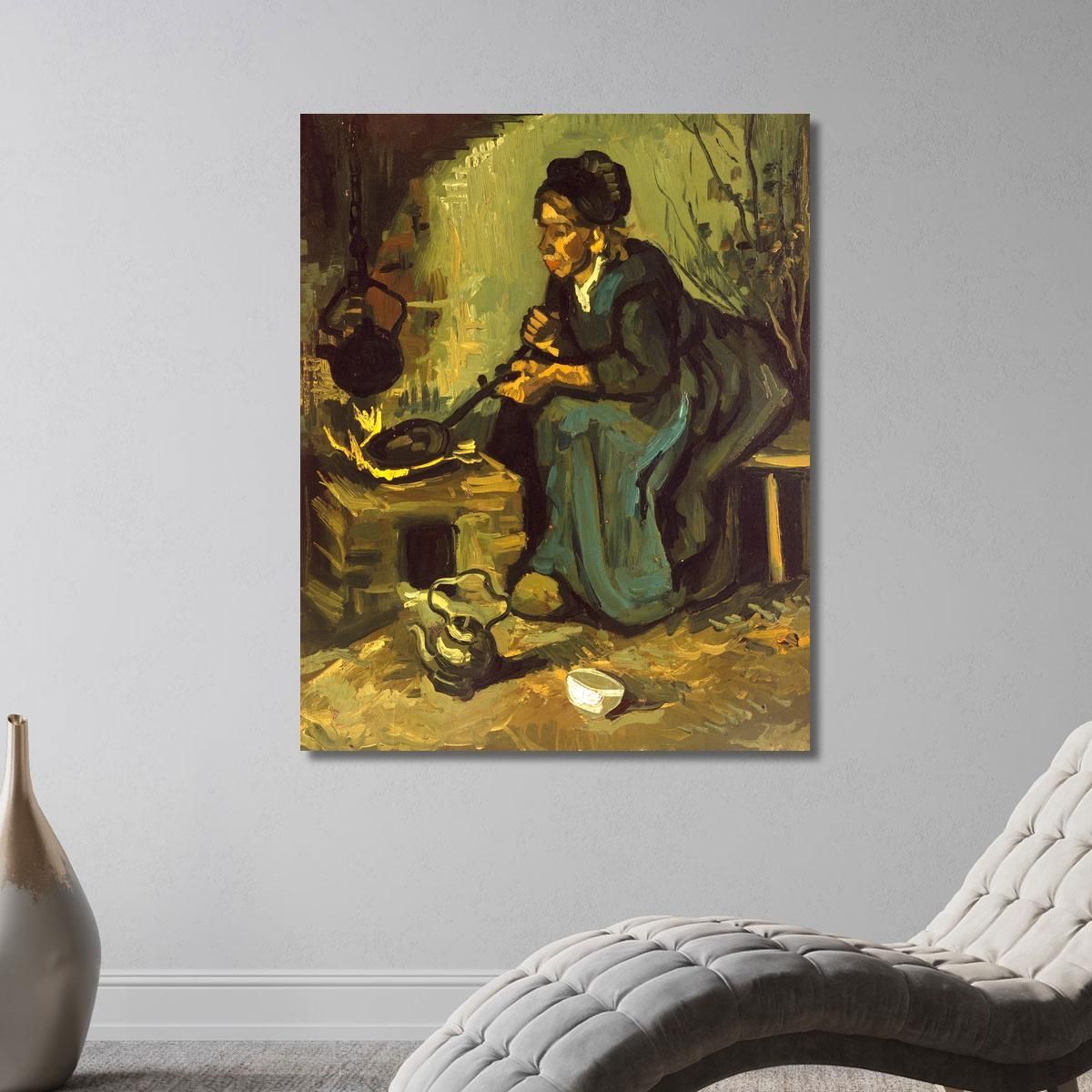 Peasant Woman Cooking By A Fireplace Vincent van Gogh, vvg140 canvas print