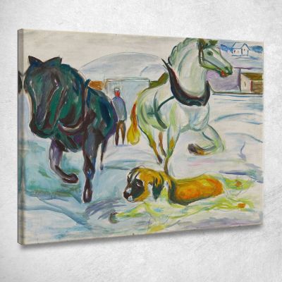 Horse Team And A St. Bernhard In The Snow Edvard Munch, em144 ภาพพิมพ์บนผ้าใบแคนวาส