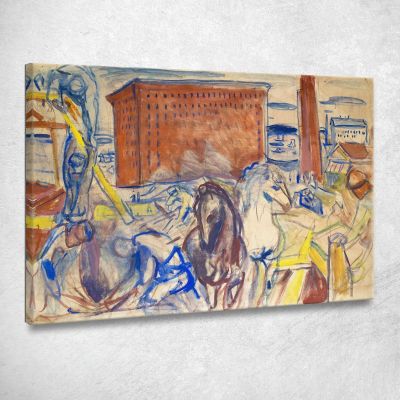 Horse Team On A Building Site Edvard Munch, em145 ภาพพิมพ์บนผ้าใบแคนวาส