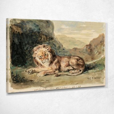 Lying Lion In A Landscape Eugène Delacroix edx73 canvas print 