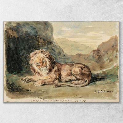Lying Lion In A Landscape Eugène Delacroix edx73 canvas print 
