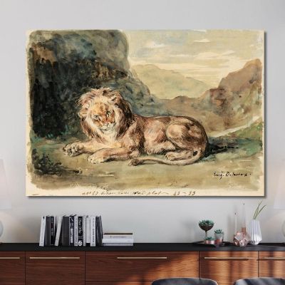 Lying Lion In A Landscape Eugène Delacroix edx73 canvas print 