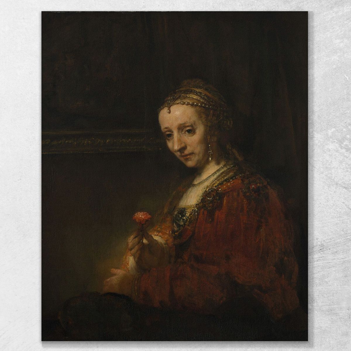 Woman With A Pink Rembrandt van Rijn rvr269 canvas print 