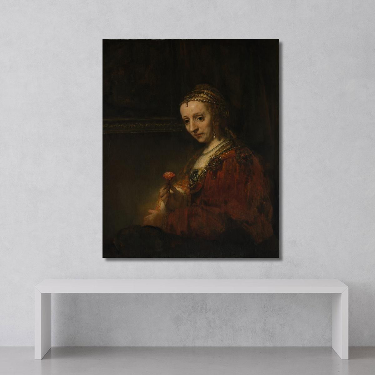 Woman With A Pink Rembrandt van Rijn rvr269 canvas print 