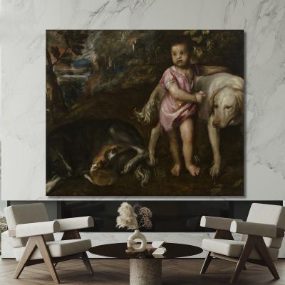 Boy With Dogs In A Landscape Titian Tiziano Vecellio ttn11 canvas print 