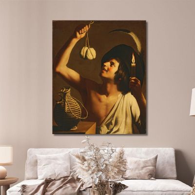 A Young Man Holding A Burning Candle And A Scamorza Cheese A Fiasco Bottle Beside Him Gerard van Honthorst gvh6 canvas print 