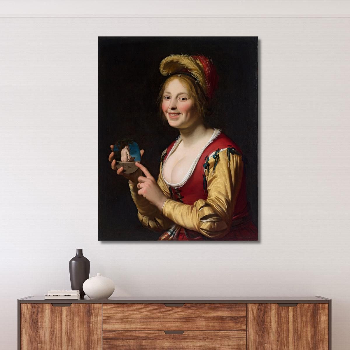 Smiling Girl A Courtesan Holding An Obscene Image Gerard van Honthorst gvh44 canvas print 