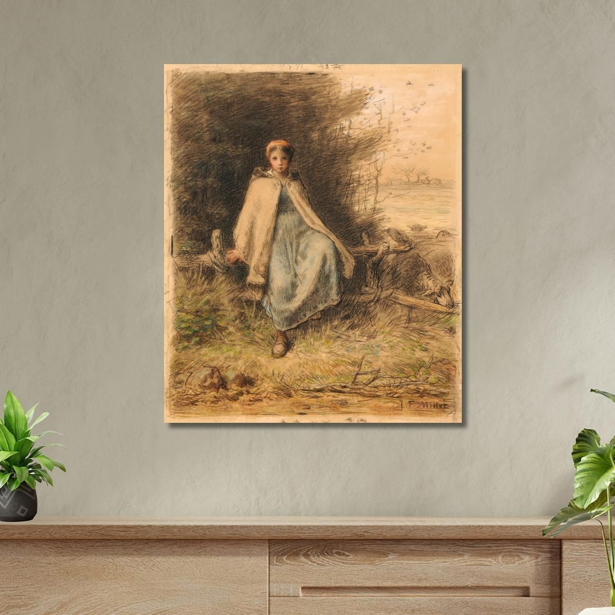 Young Shepherdess Sitting On A Fence Jean-François Millet jfm24 canvas print 