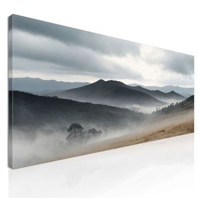 Abstract Landscape Painting Misty Hills With Gray Peaks And Autumn Grassland abl16 canvas print 