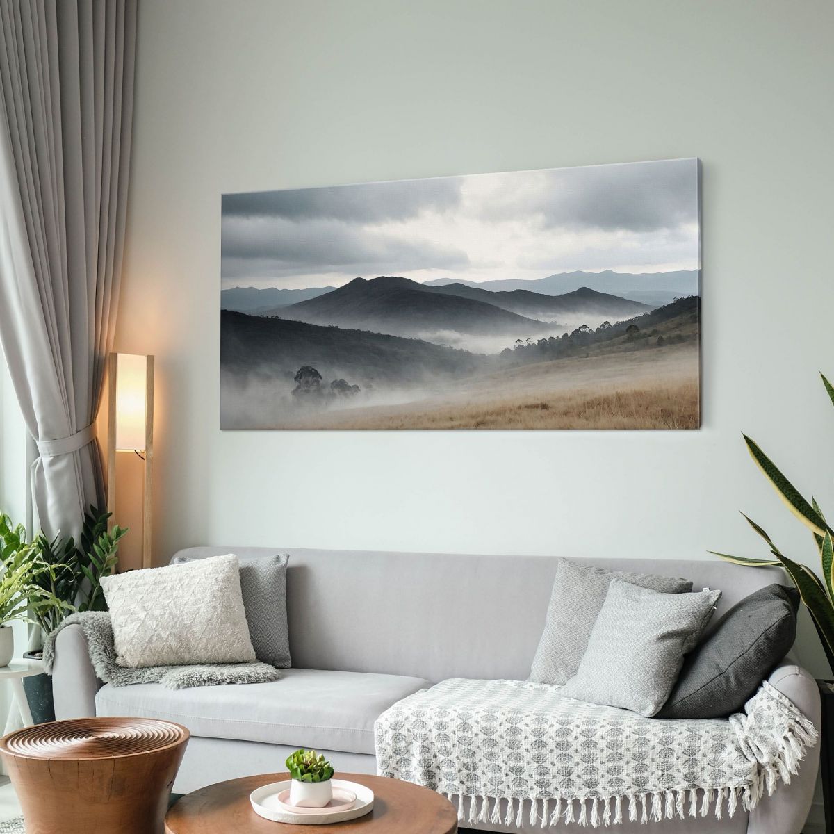 Abstract Landscape Painting Misty Hills With Gray Peaks And Autumn Grassland abl16 canvas print 