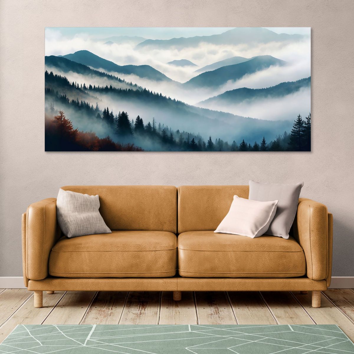 Abstract Landscape Painting Misty Mountain Blue And Orange Autumn Forest abl18 canvas print 