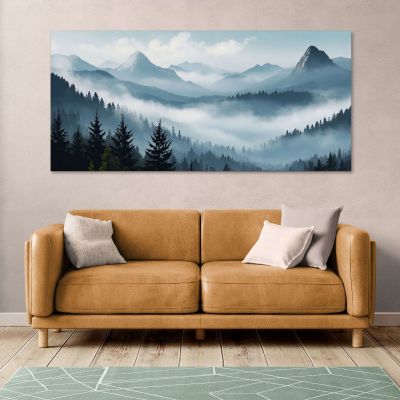 Abstract Landscape Painting Misty Mountain Pine Forest Blue And Gray Scenery , abl20 canvas print