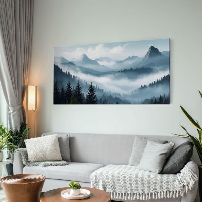 Abstract Landscape Painting Misty Mountain Pine Forest Blue And Gray Scenery , abl20 canvas print