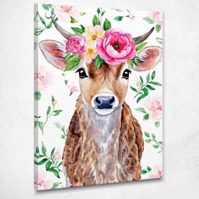 Painting For Nursery Bedroom Decoration Sweet Cow With Peony Crown bana1 canvas print 