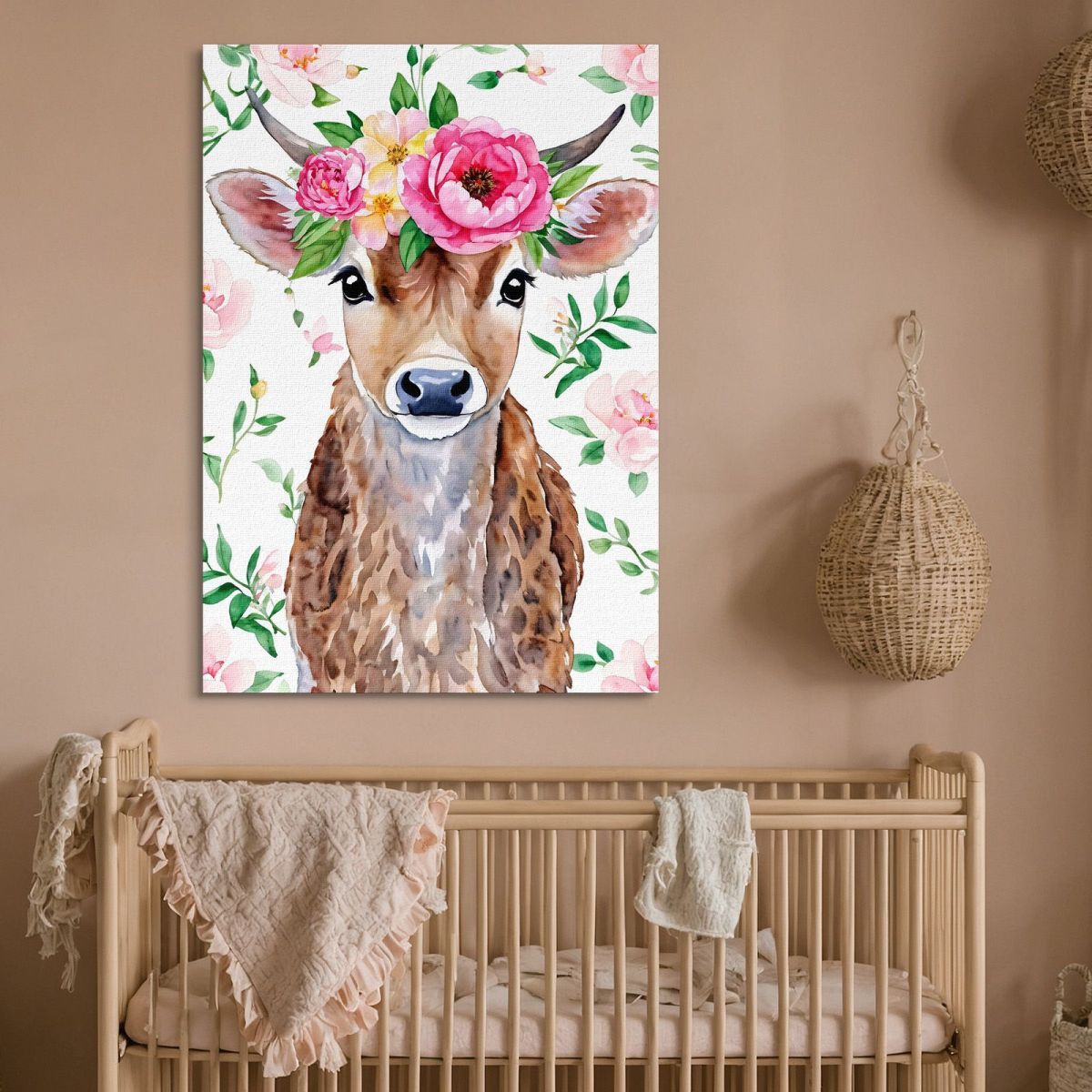 Painting For Nursery Bedroom Decoration Sweet Cow With Peony Crown bana1 canvas print 