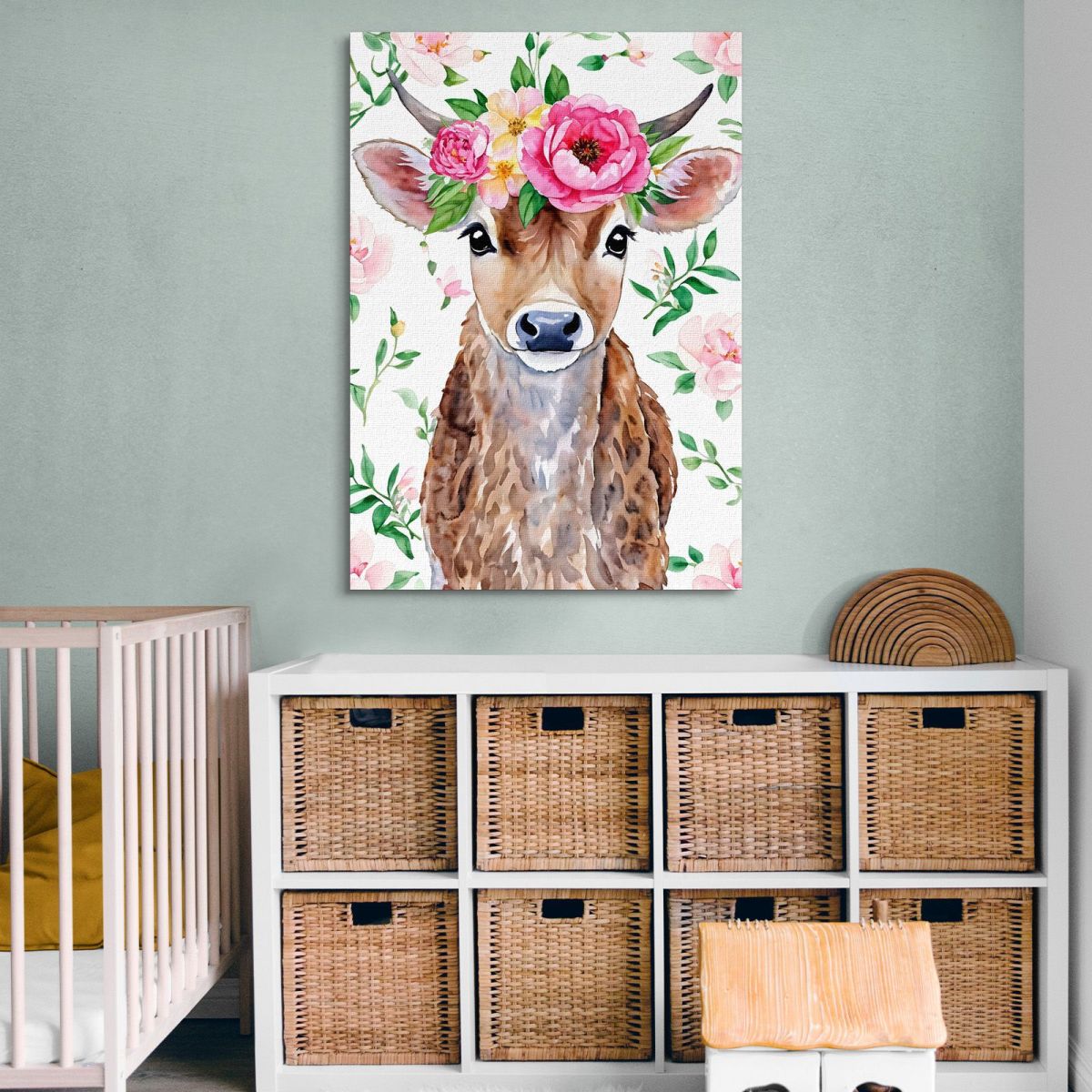 Painting For Nursery Bedroom Decoration Sweet Cow With Peony Crown bana1 canvas print 