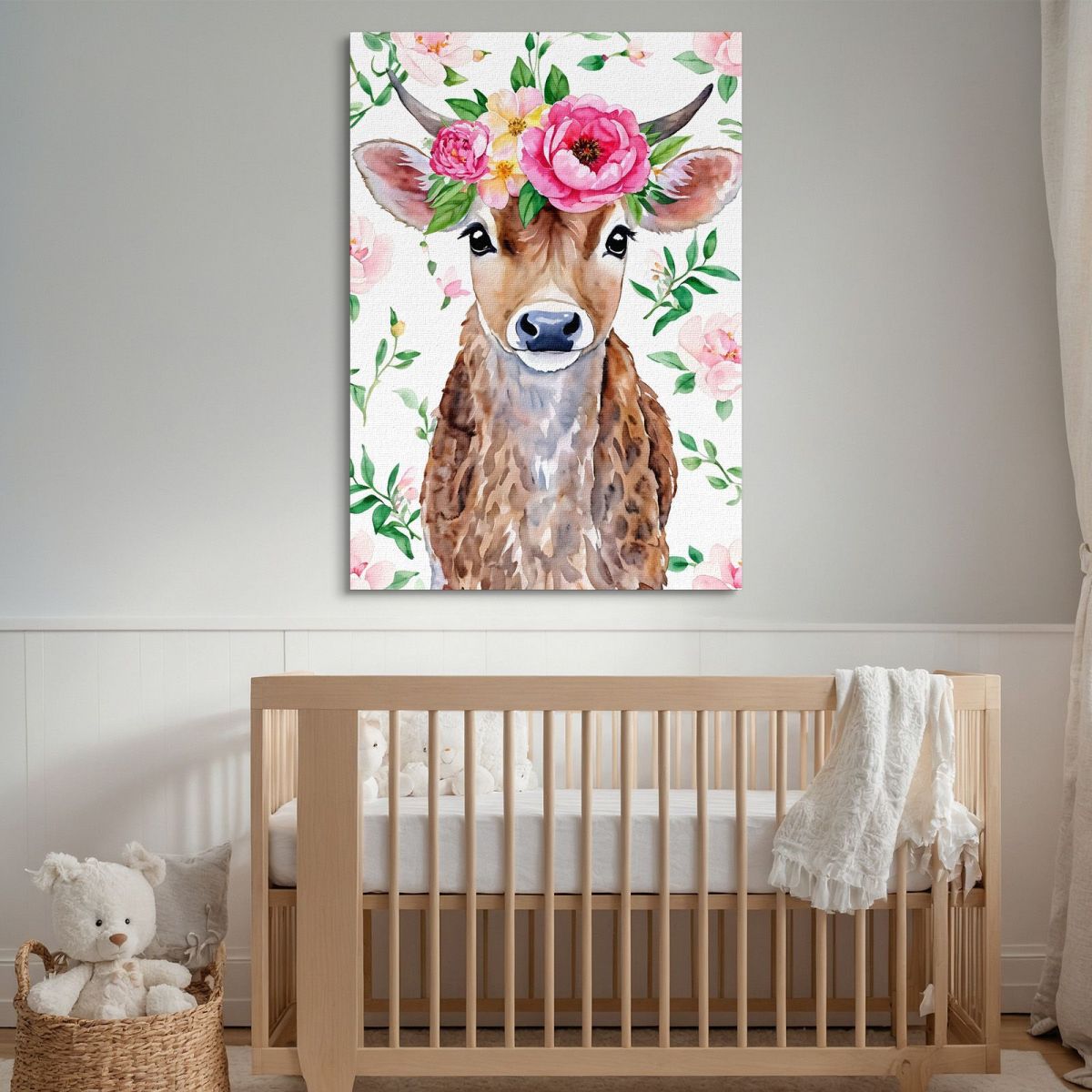 Painting For Nursery Bedroom Decoration Sweet Cow With Peony Crown bana1 canvas print 