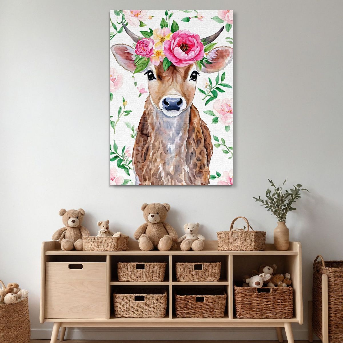 Painting For Nursery Bedroom Decoration Sweet Cow With Peony Crown bana1 canvas print 