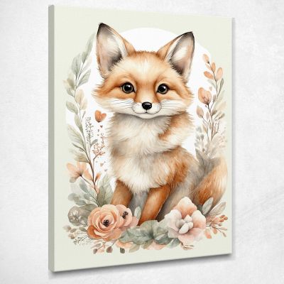 Painting For Children Bedroom Decoration Cute Animal Portraits Fox With Flowers bana5 canvas print 