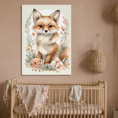 Painting For Children Bedroom Decoration Cute Animal Portraits Fox With Flowers bana5 canvas print 