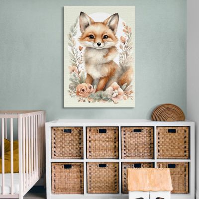 Painting For Children Bedroom Decoration Cute Animal Portraits Fox With Flowers bana5 canvas print 