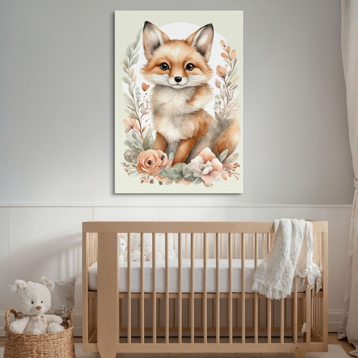 Painting For Children Bedroom Decoration Cute Animal Portraits Fox With Flowers bana5 canvas print 