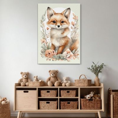 Painting For Children Bedroom Decoration Cute Animal Portraits Fox With Flowers bana5 canvas print 