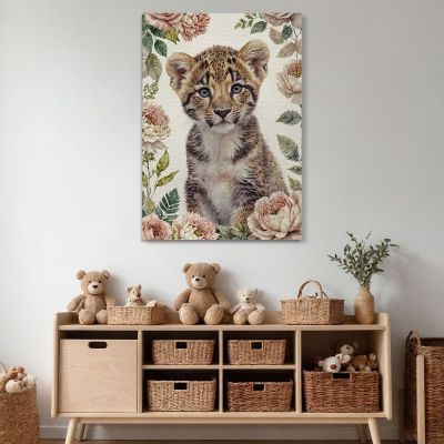 Picture For Nursery Decoration For Children Sweet Leopard Cub With Flowers bana12 canvas print 