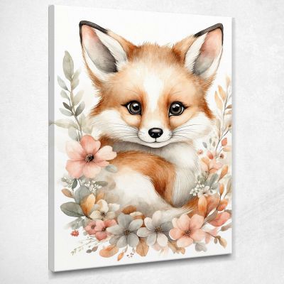 Baby Room Painting Baby Fox With Beige And Pink Flowers bana17 canvas print 