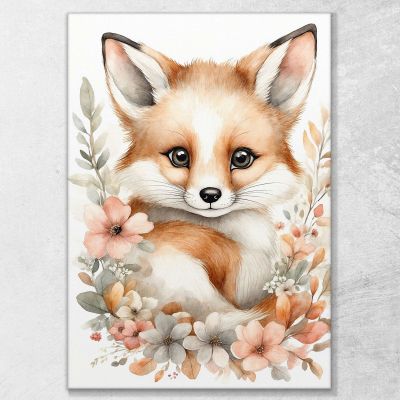 Baby Room Painting Baby Fox With Beige And Pink Flowers bana17 canvas print 