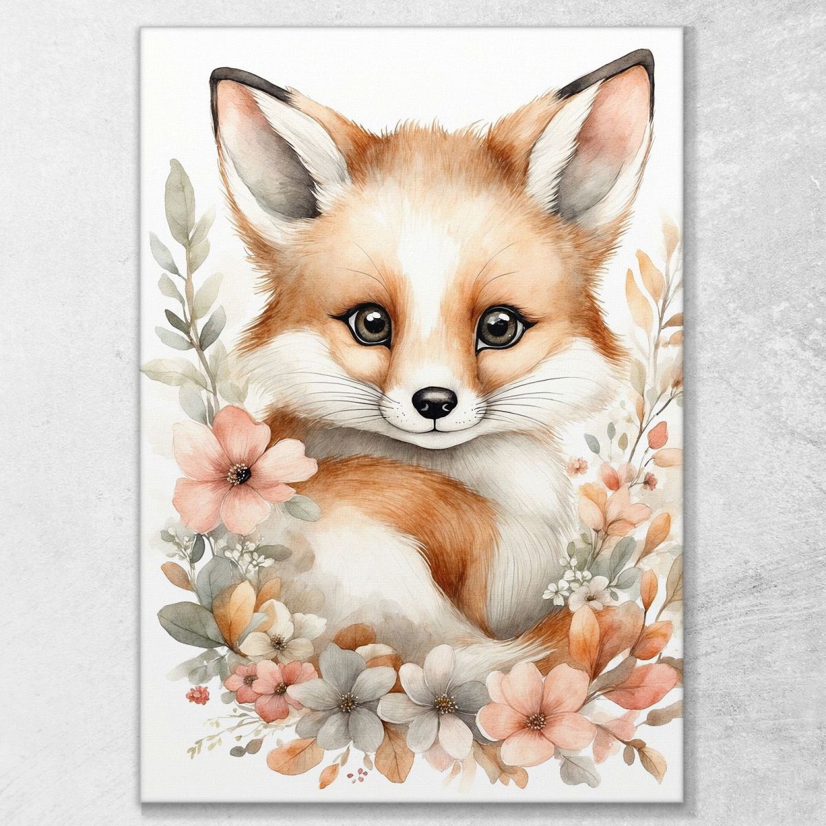 Baby Room Painting Baby Fox With Beige And Pink Flowers bana17 canvas print 