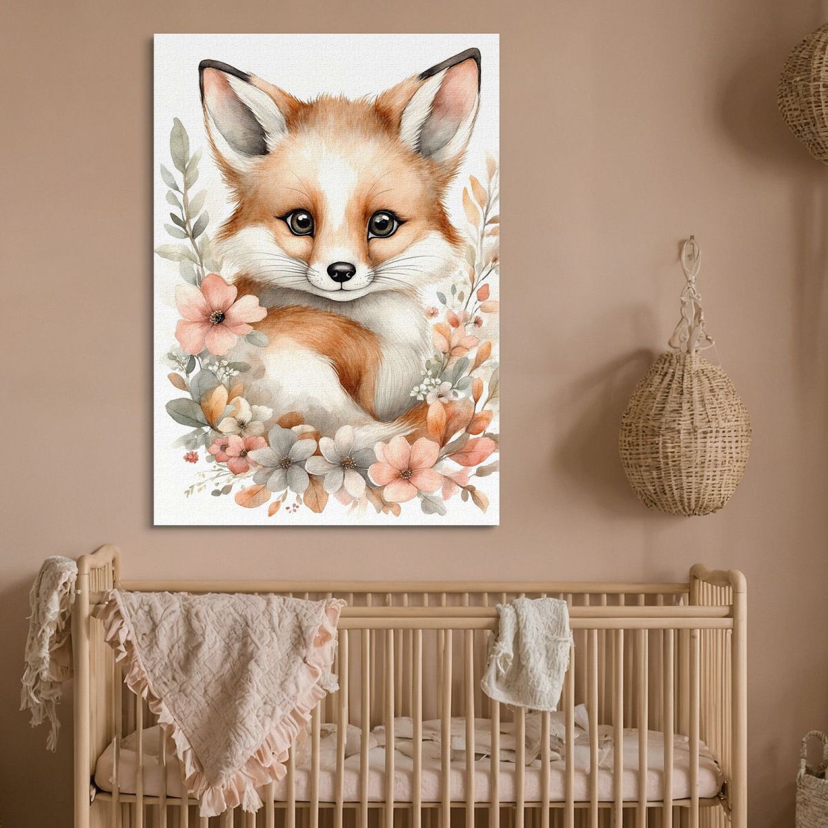 Baby Room Painting Baby Fox With Beige And Pink Flowers bana17 canvas print 